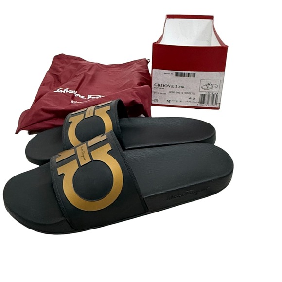Salvatore Ferragamo Other - Salvatore Ferragamo Logo Slide Sandals Size Mens 11 Groove 2 Black Gold Gancini